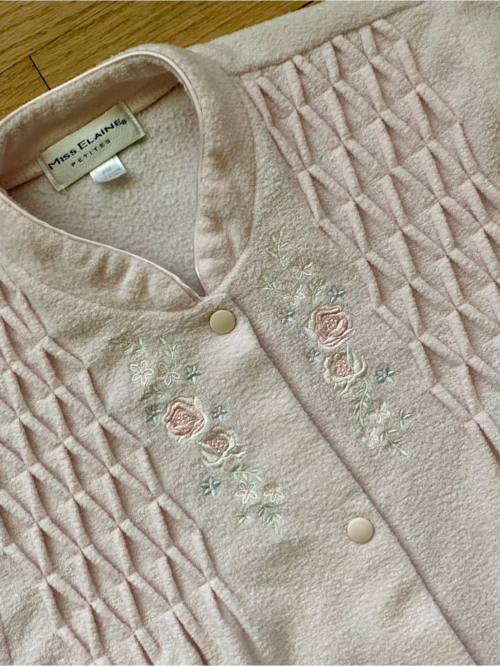 Miss Elaine Light Pink Quilted Robe with Floral Embroidery